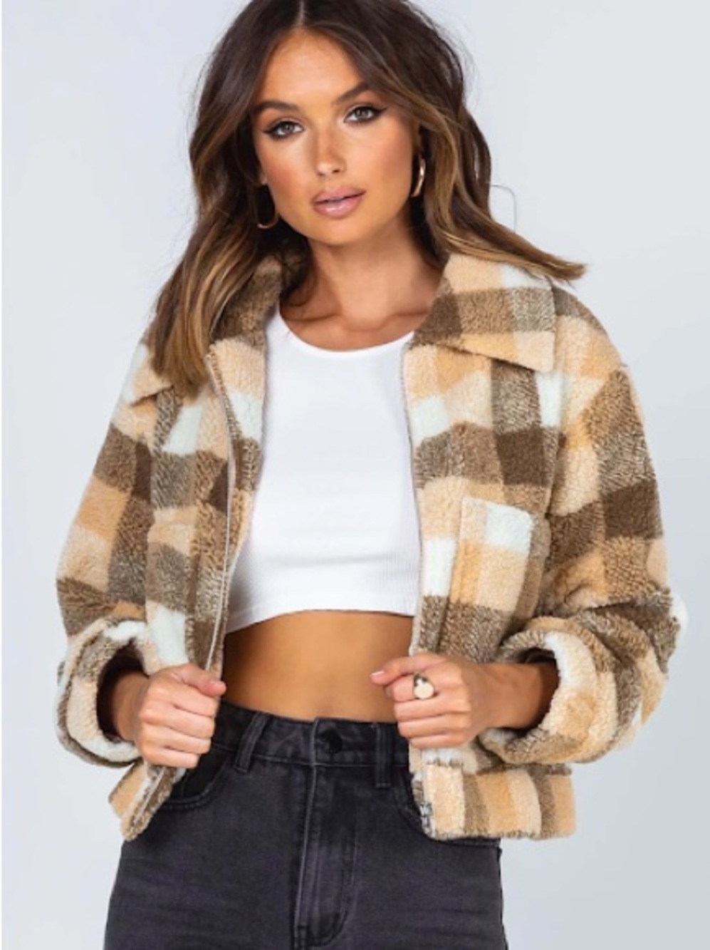 Princess Polly Plaid Checkered Crop Teddy Jacket Size US 6
